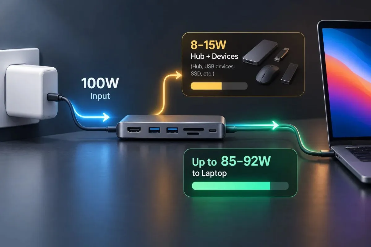 100W USB-C hub reserving power for the hub and devices before charging a laptop