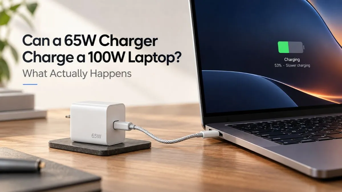 65W USB-C charger charging a 100W laptop