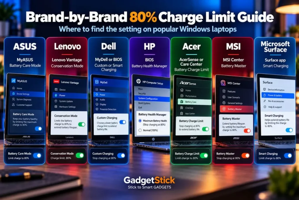 Brand-by-brand guide showing where to find the 80 percent battery charge limit on ASUS Lenovo Dell HP Acer MSI and Surface laptops