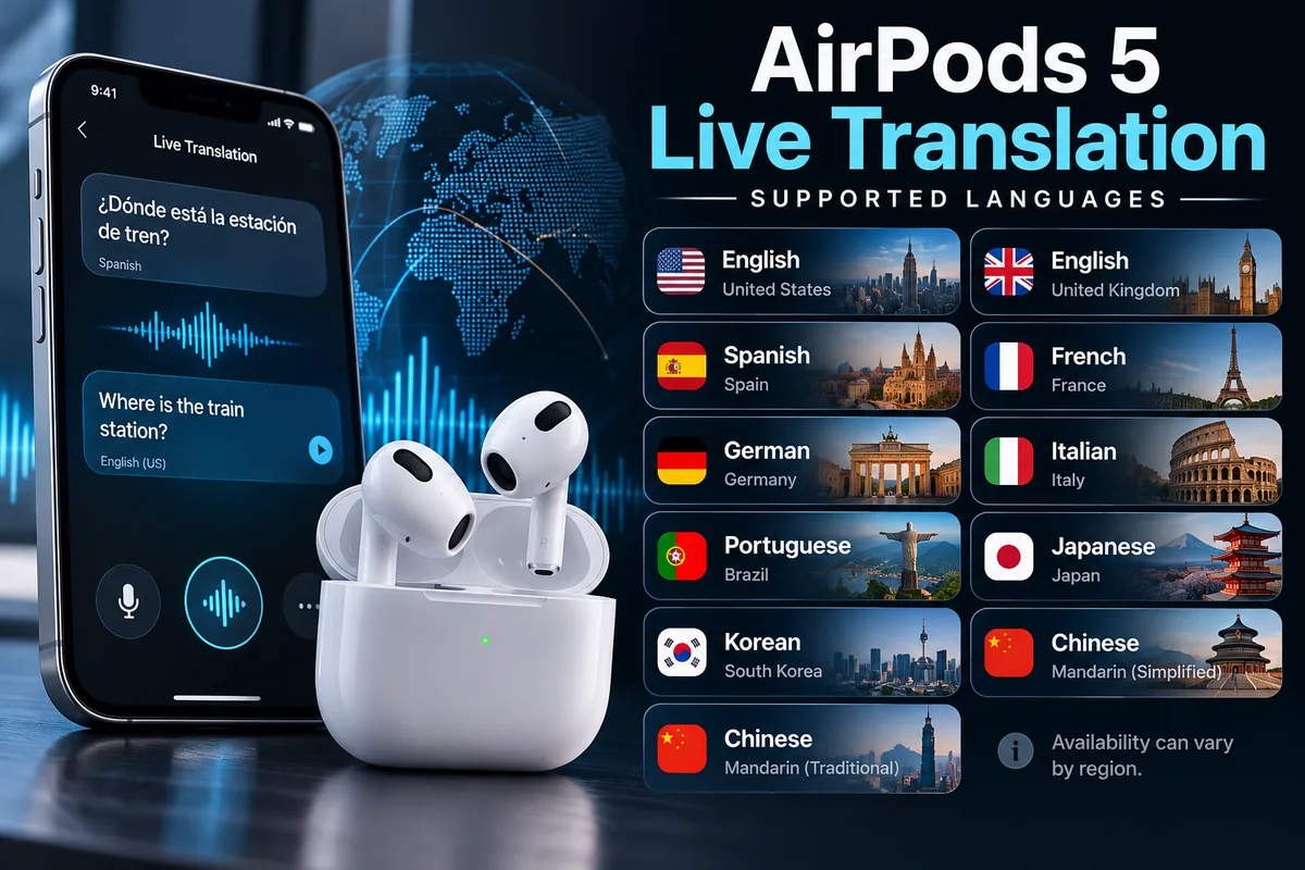 AirPods 5 Live Translation supported languages including English Spanish French German Japanese and Korean