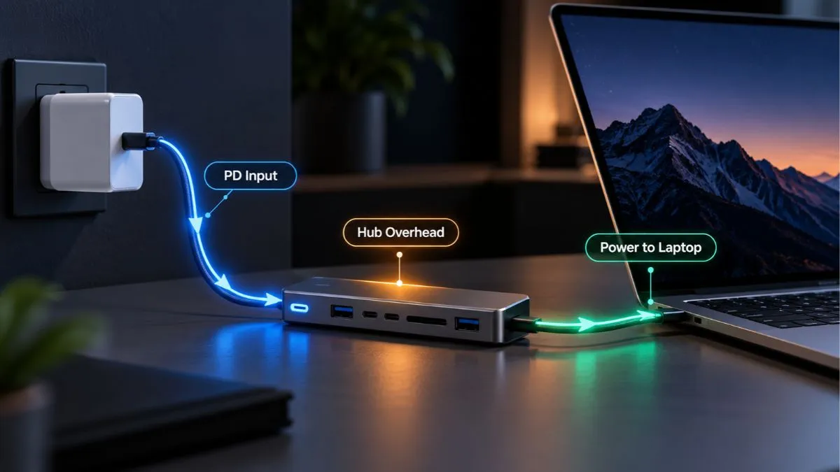 USB-C hub charging a laptop through Power Delivery passthrough