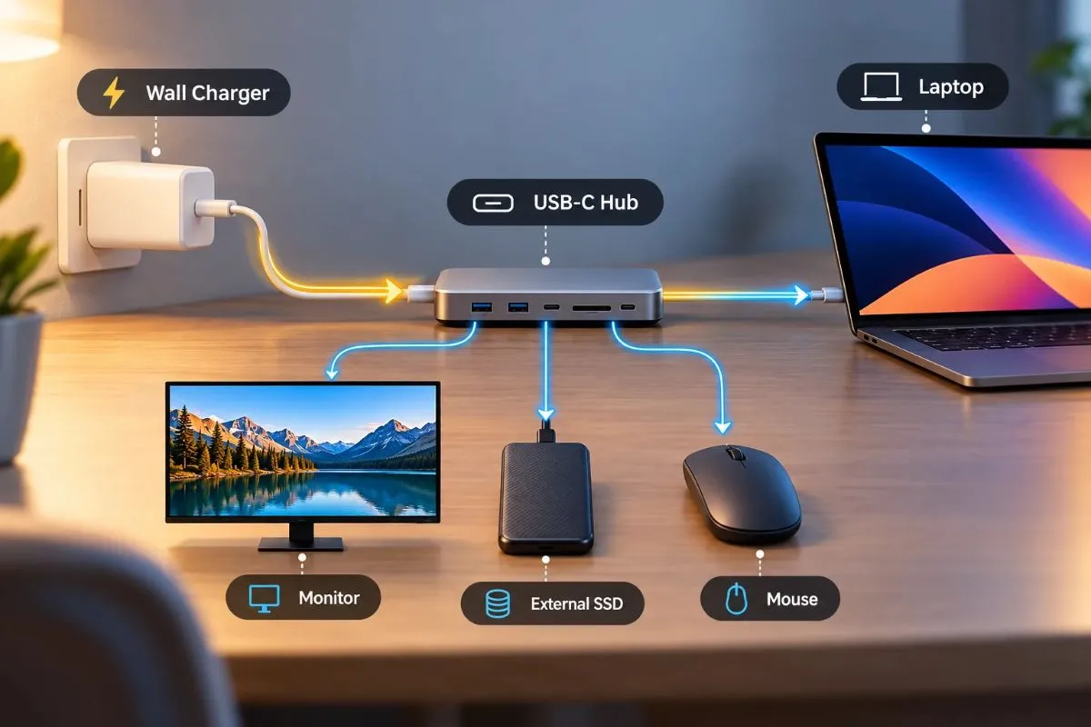 USB-C charger sending power through a USB-C hub to a laptop and connected devices