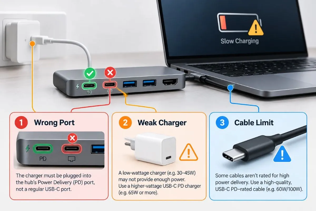 Common reasons a USB-C hub may not charge a laptop including wrong port, weak charger, and cable limits