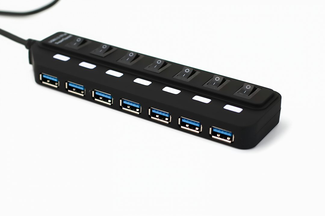 USB-C hub connected to a laptop and peripherals