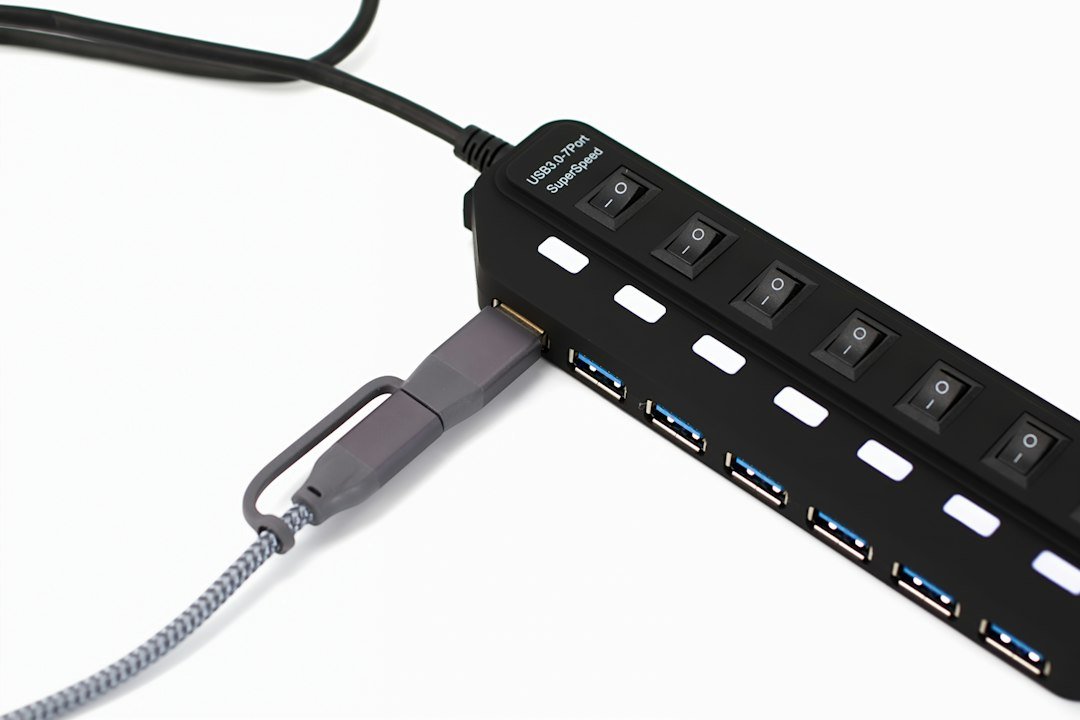 USB-C hub connected to several peripherals on a desk