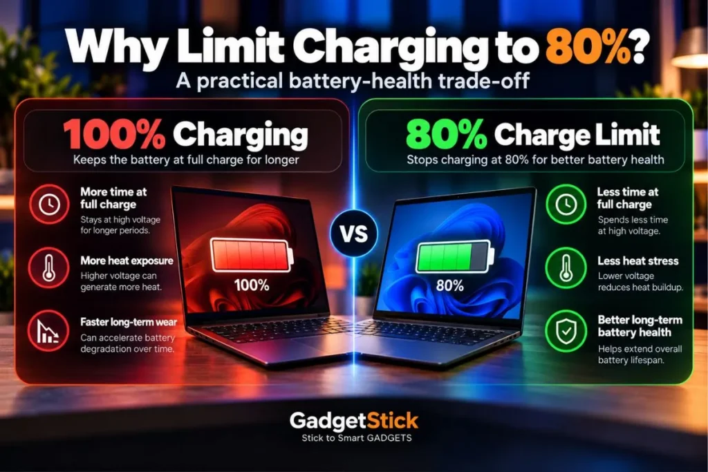 Infographic comparing 100 percent charging with an 80 percent laptop battery charge limit for battery health