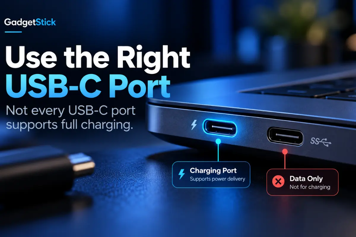 Laptop USB-C charging port compared with data-only USB-C port