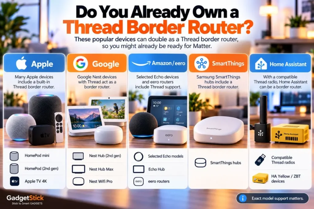 Infographic showing Apple Google Amazon eero SmartThings and Home Assistant devices that can act as Thread border routers