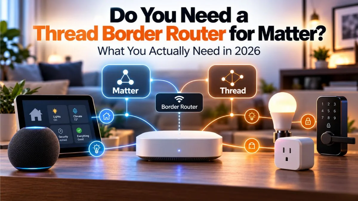 Smart home setup explaining Matter Thread and a Thread border router for connected devices