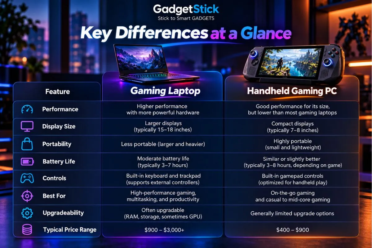 Key differences at a glance between gaming laptop and handheld gaming PC including portability display battery life controls and upgradeability