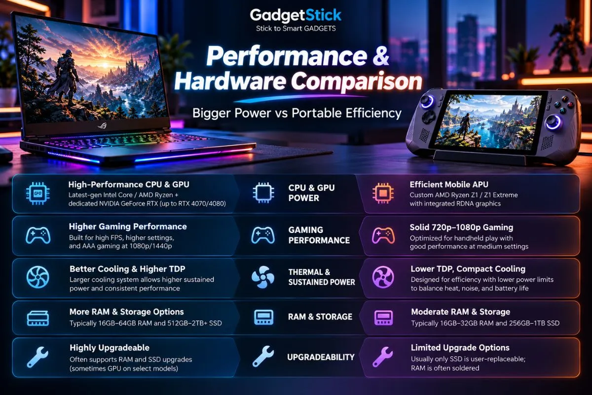 Performance and hardware comparison between a gaming laptop and a handheld gaming PC