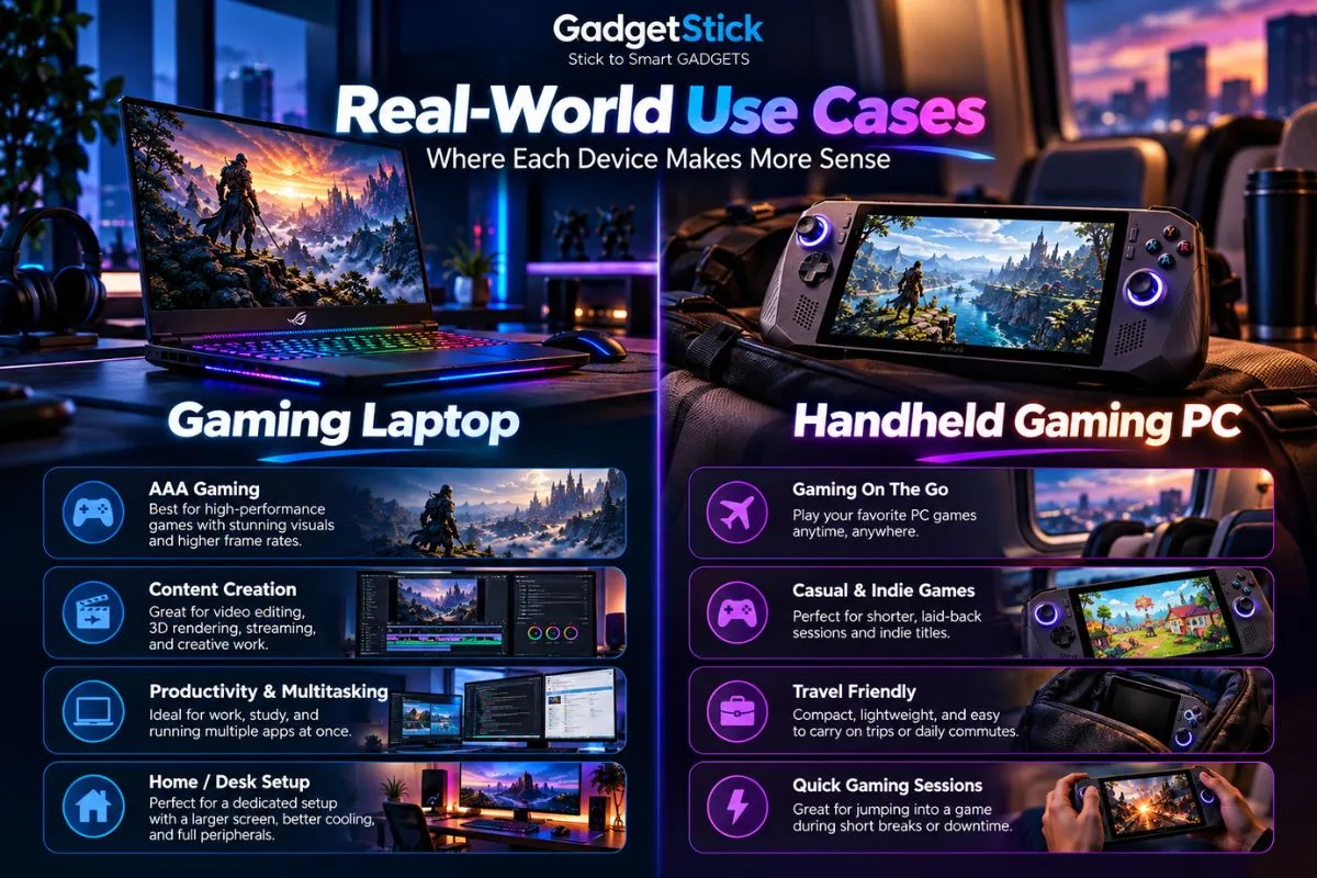 Real-world use cases showing when a gaming laptop makes more sense and when a handheld gaming PC makes more sense