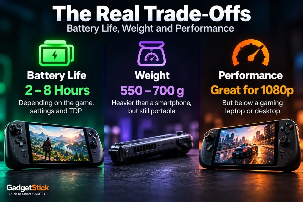 Infographic showing handheld gaming PC trade-offs including battery life weight and gaming performance