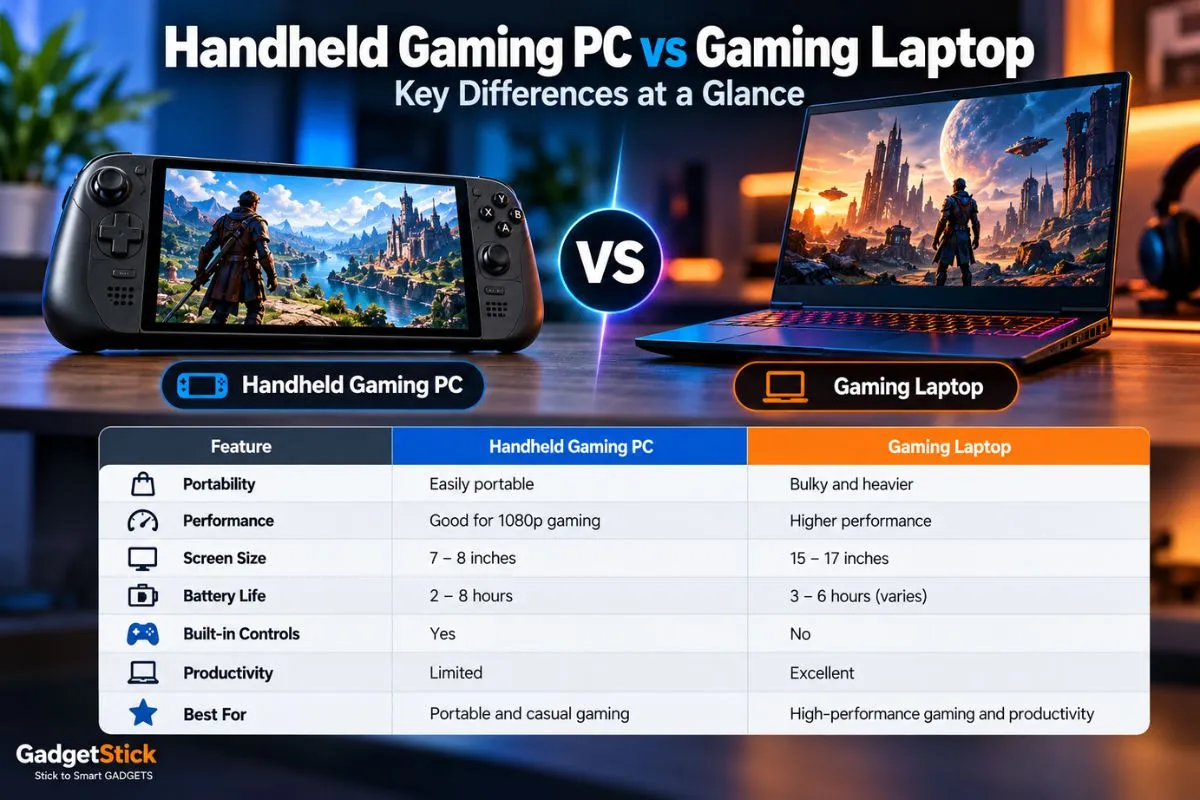 Comparison infographic between a handheld gaming PC and a gaming laptop covering portability performance screen size battery life and productivity