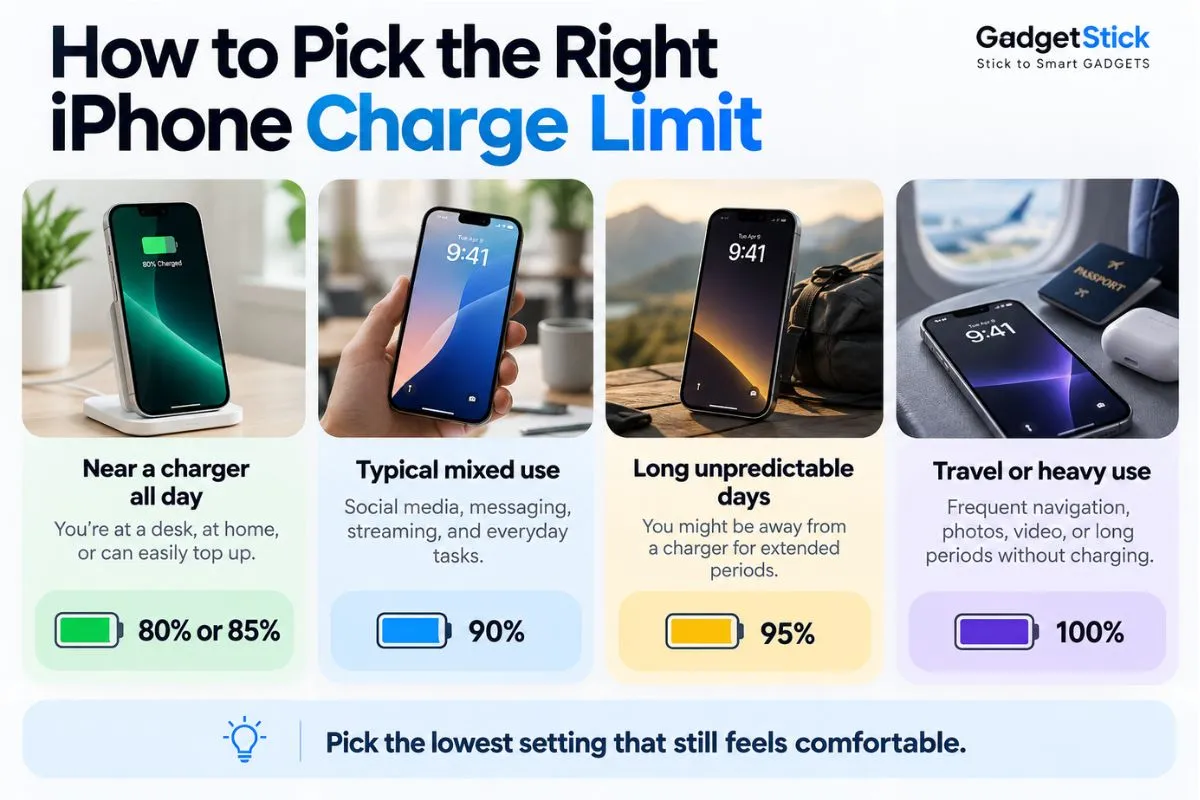 Guide showing which iPhone charge limit to use for desk use everyday use long days and travel