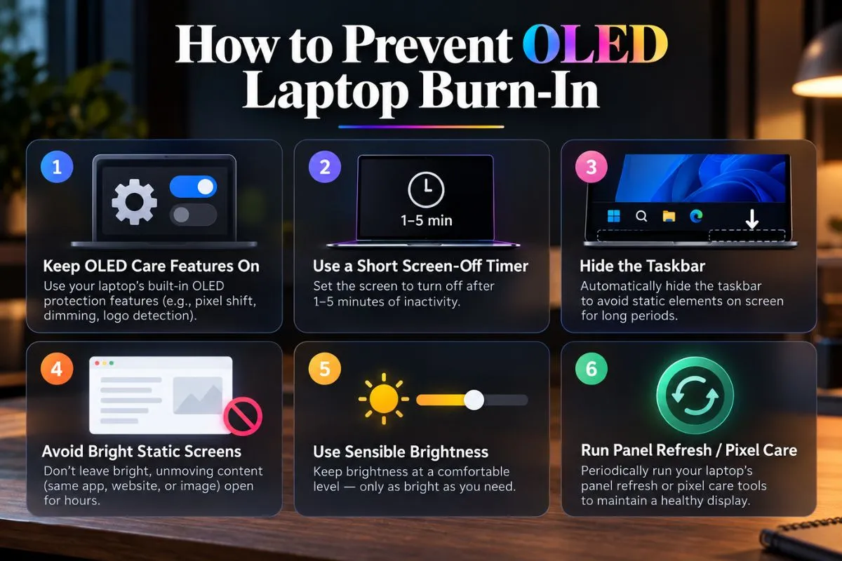 Infographic showing ways to prevent OLED laptop burn-in including OLED care features short screen-off timer hiding the taskbar avoiding static screens and panel refresh