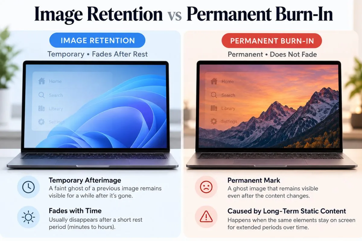 Comparison infographic showing image retention vs permanent burn-in on an OLED laptop display