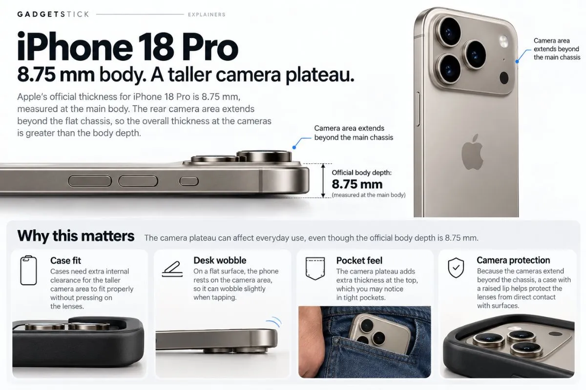 iPhone 18 Pro 8.75 mm body thickness compared with the raised rear camera plateau