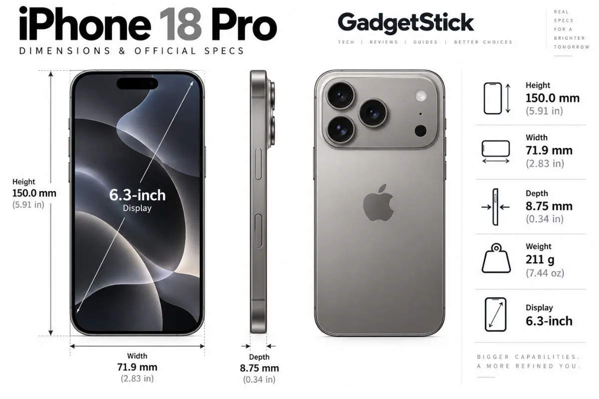 iPhone 18 Pro dimensions showing 150 mm height 71.9 mm width 8.75 mm thickness and 211 gram weight