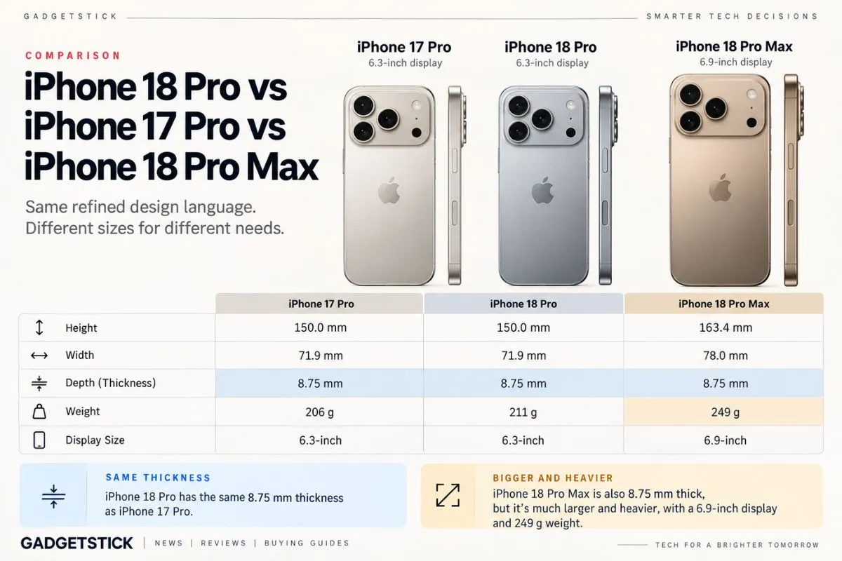 iPhone 18 Pro vs iPhone 17 Pro and iPhone 18 Pro Max dimensions thickness and weight comparison