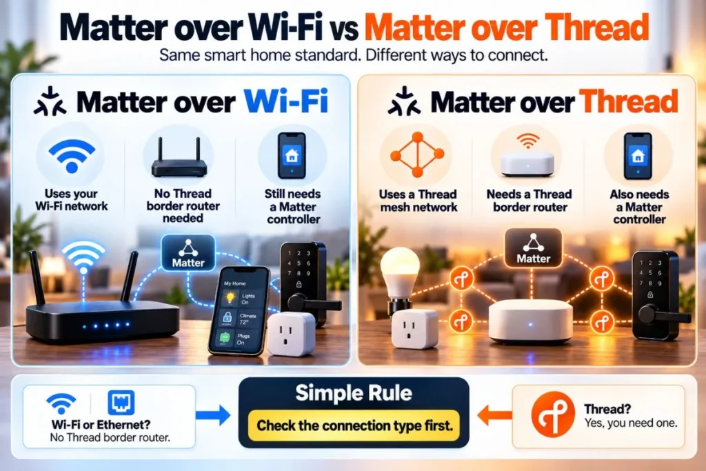 Comparison infographic showing Matter over Wi-Fi vs Matter over Thread and when a Thread border router is needed