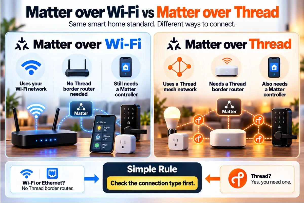 Matter over Wi-Fi vs Matter over Thread comparison showing power use mesh networking border router requirements and ideal devices