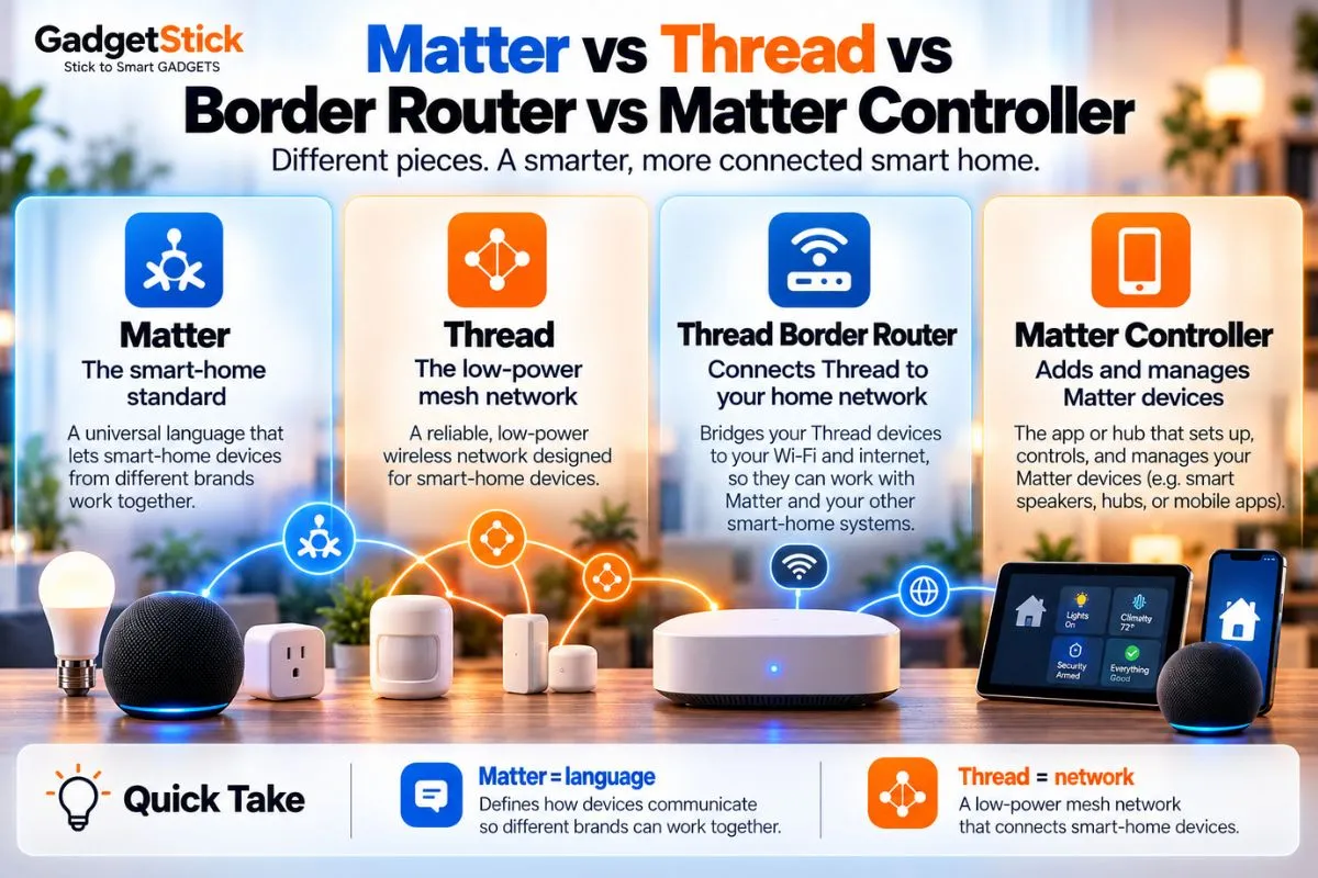 Infographic explaining Matter Wi-Fi Thread and a Thread border router in a smart home