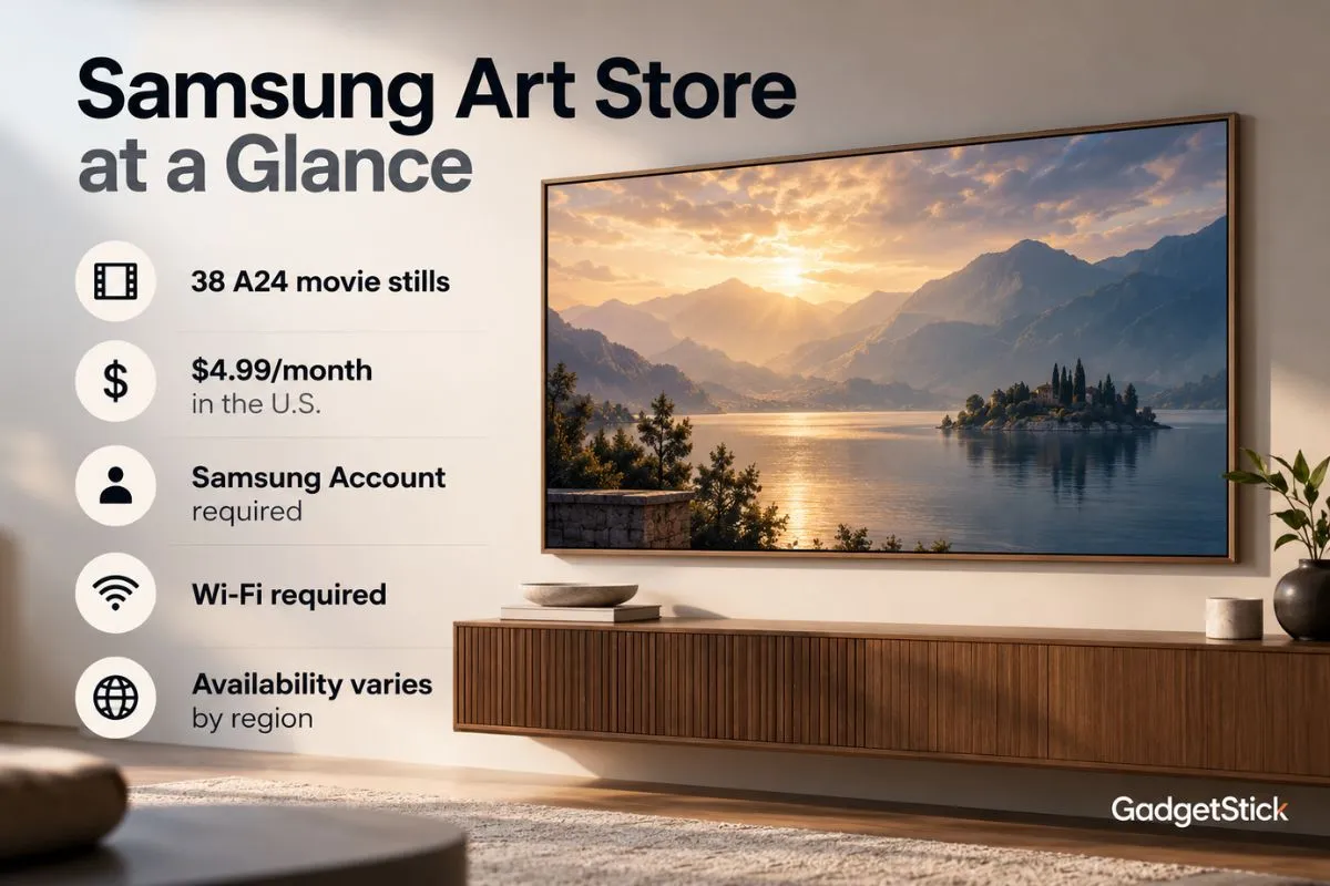 Infographic summarizing Samsung Art Store A24 movie stills pricing requirements and availability