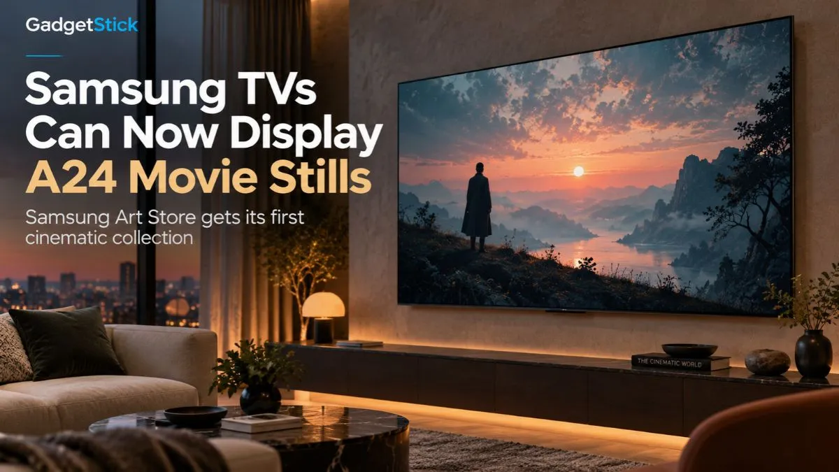 Samsung TV displaying cinematic artwork for the new A24 collection in Samsung Art Store