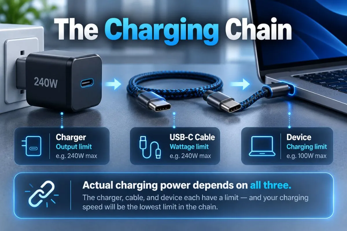 USB-C charging chain charger cable and laptop power limits