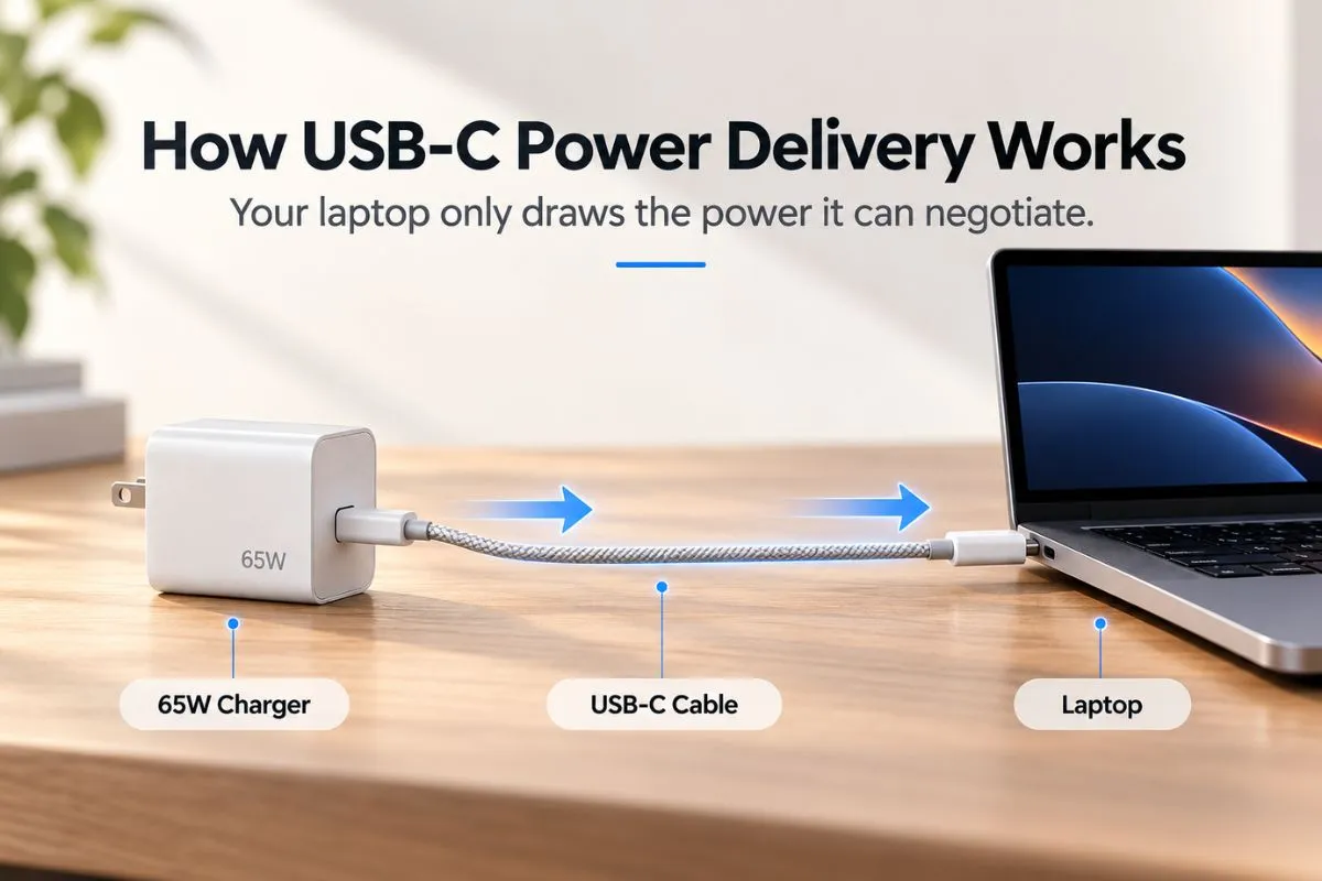 USB-C Power Delivery negotiation between 65W charger cable and laptop