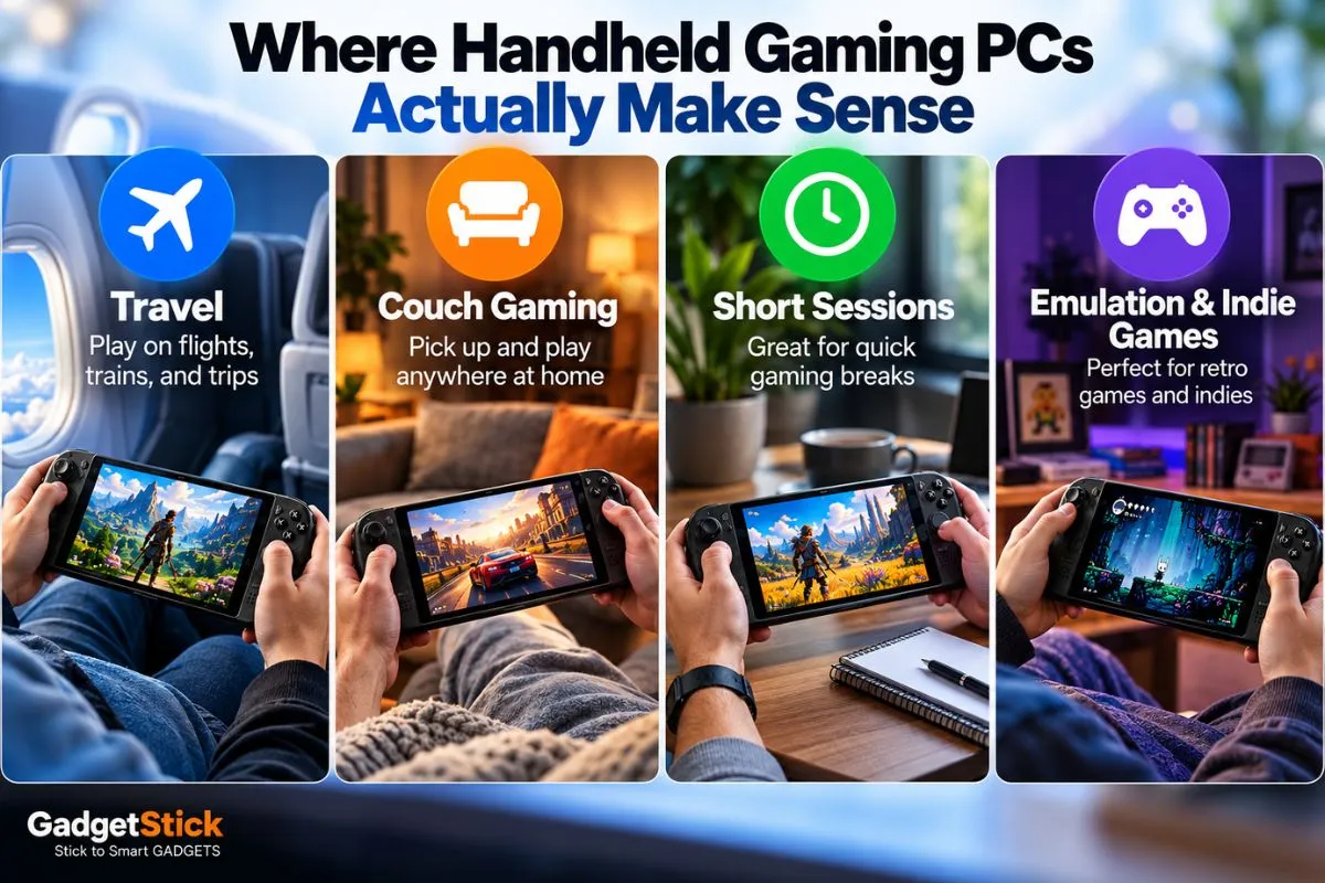 Infographic showing where handheld gaming PCs make sense including travel couch gaming short sessions and indie games