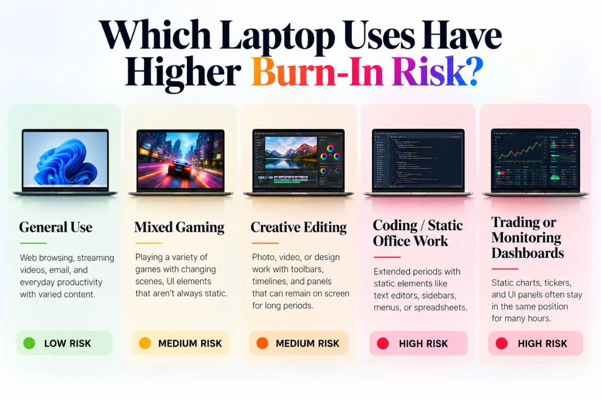 Infographic showing burn-in risk levels for general use gaming creative editing coding and trading dashboards on OLED laptops