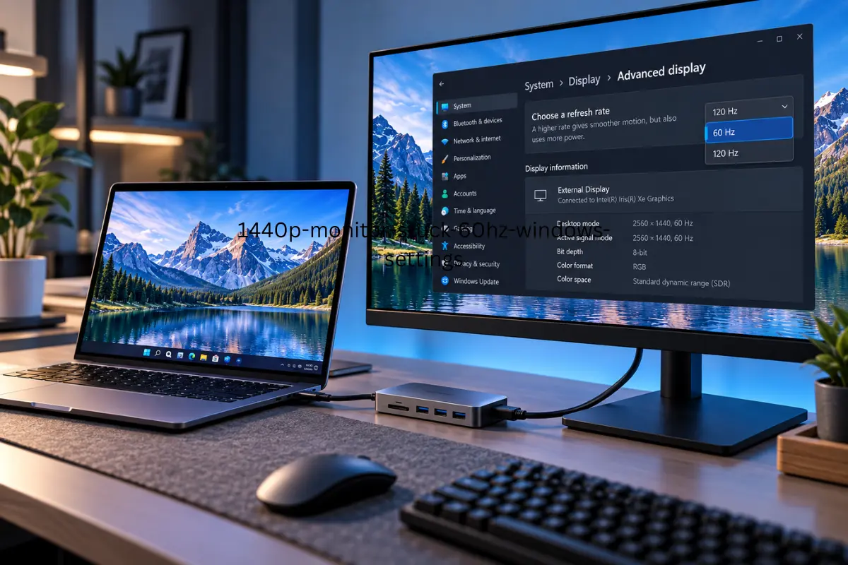 Illustration of Windows 11 Advanced display options showing a 1440p external monitor and 60Hz or 120Hz choices