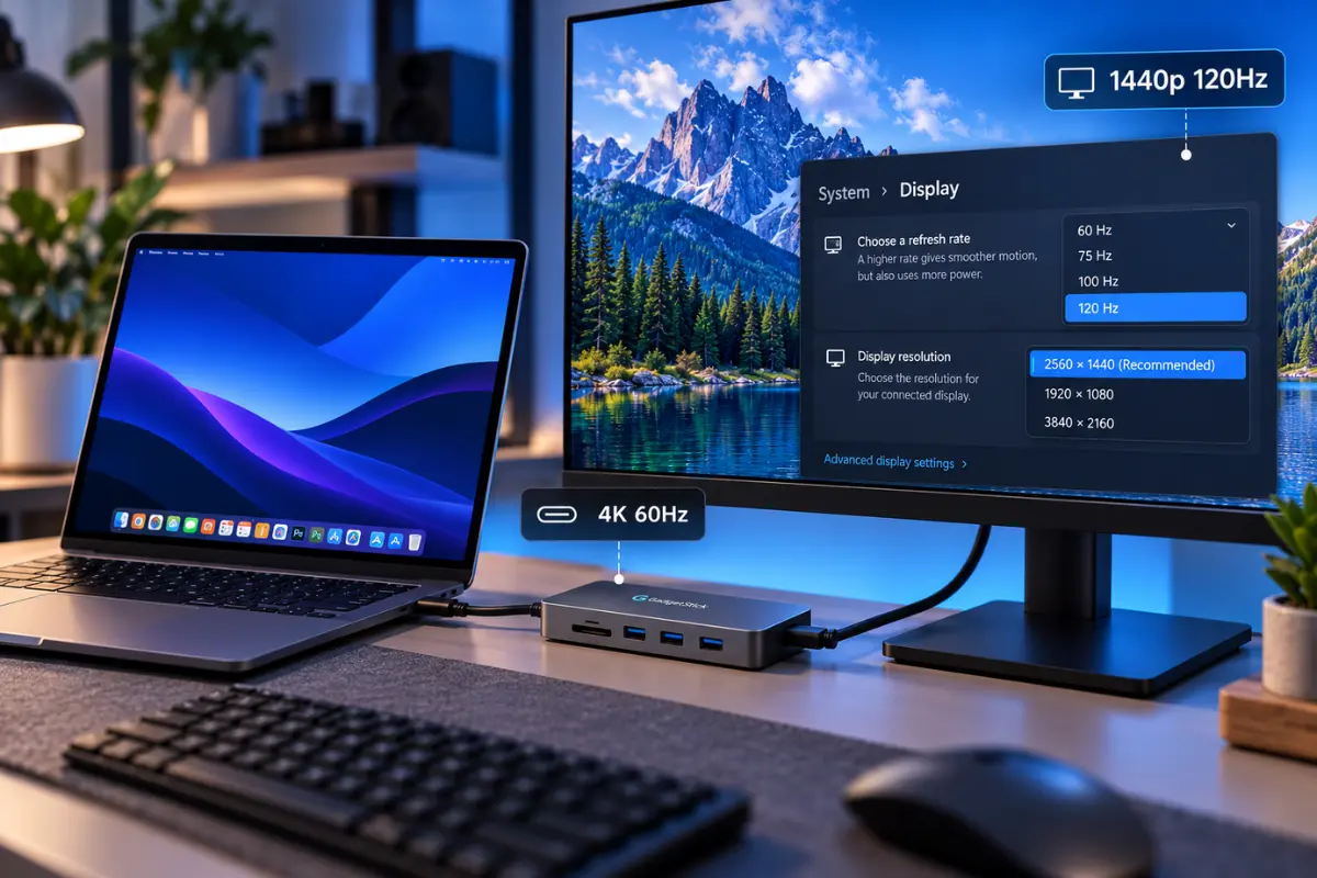 Illustration of a laptop connected through a USB-C hub to a 1440p external monitor