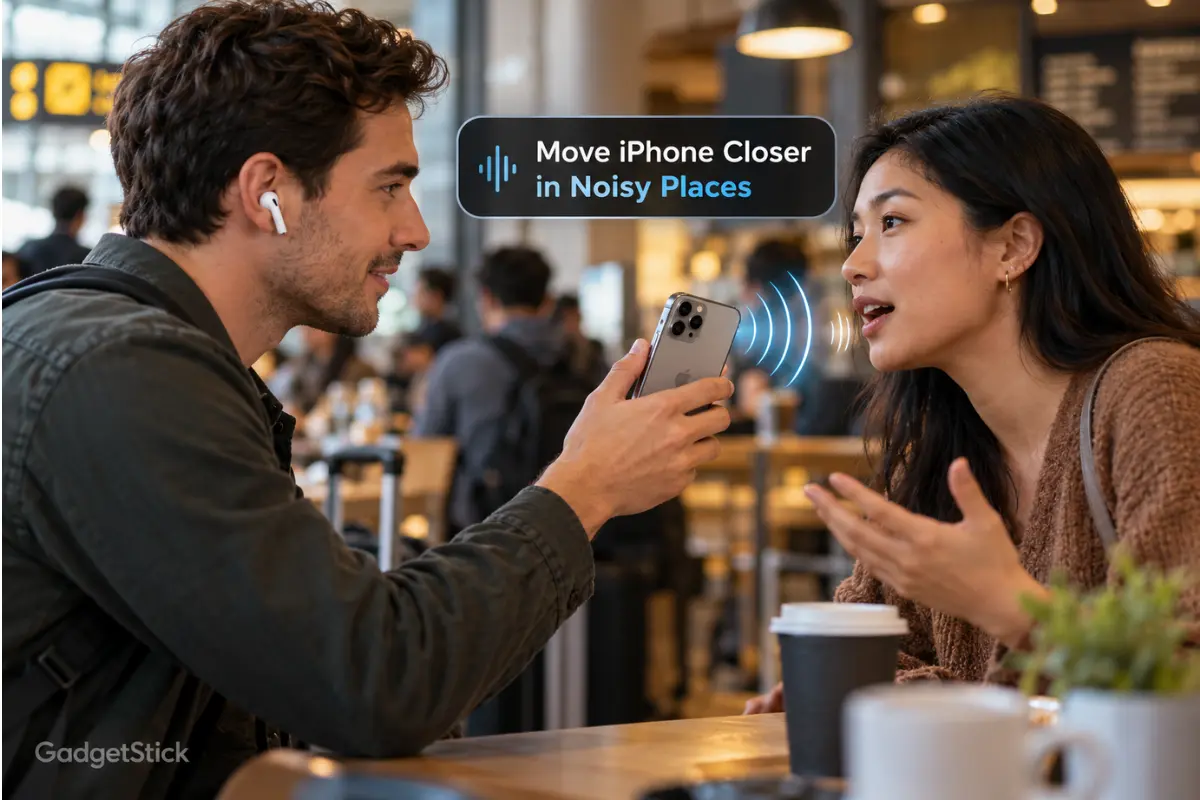 Person holding an iPhone closer to a speaker in a busy café to improve AirPods Live Translation