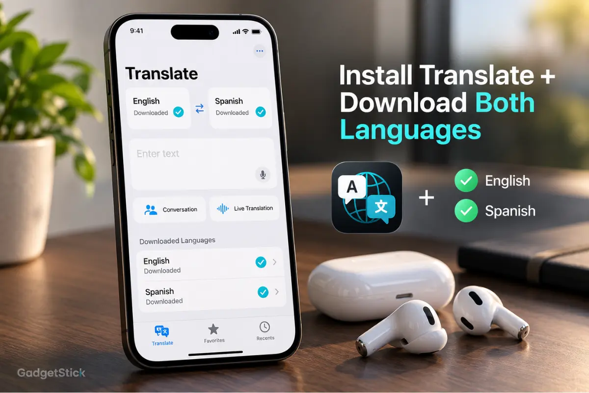 iPhone Translate app illustrating English and Spanish language downloads for AirPods Live Translation