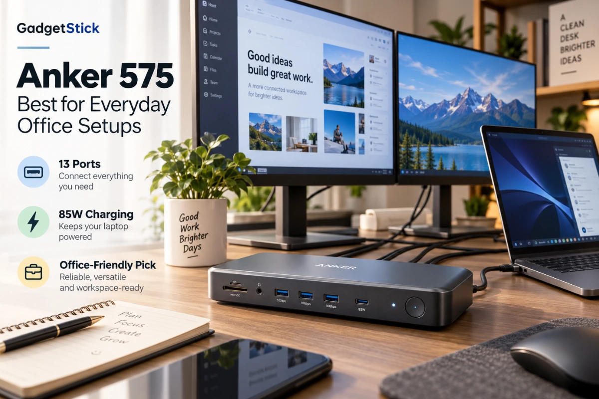 Anker 575 docking station in an everyday dual monitor office setup with laptop and accessories