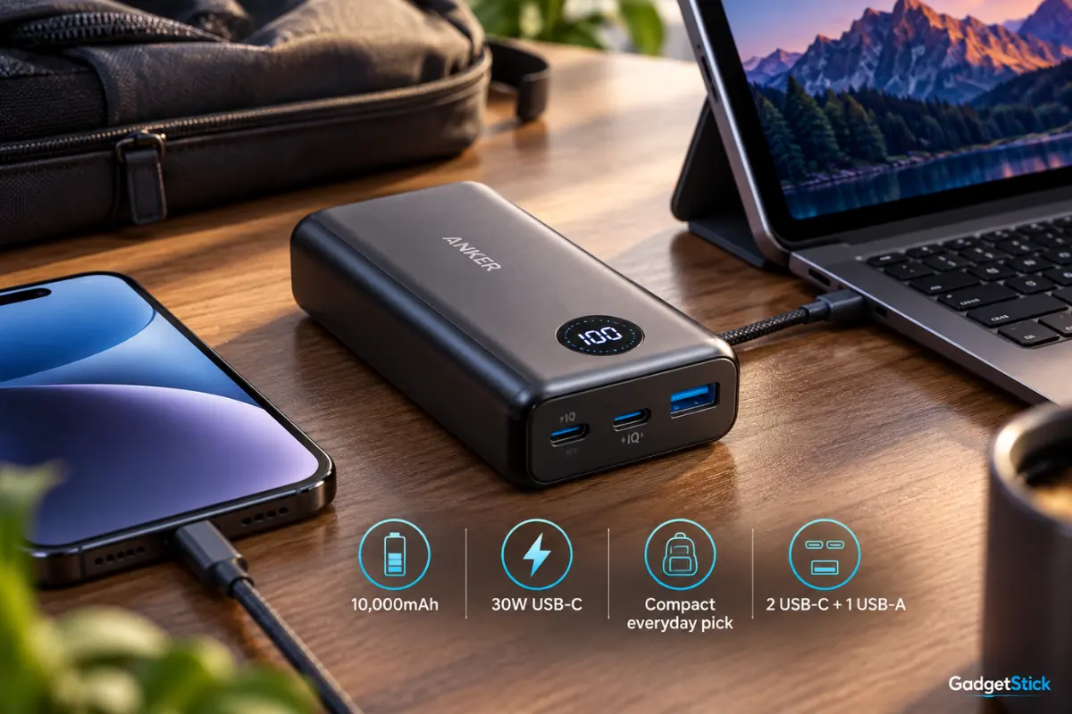 Anker 533 Power Bank PowerCore 30W compact power bank on a desk beside a laptop and phone