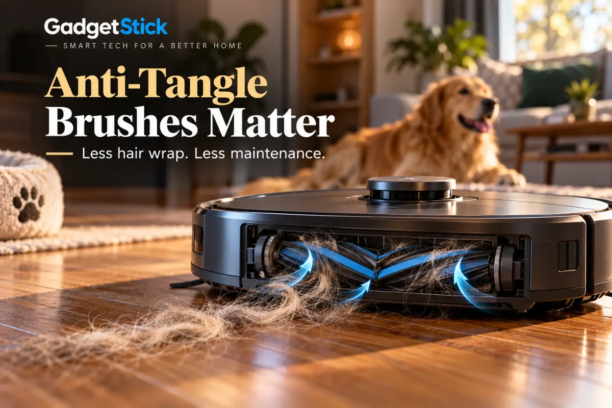 Robot vacuum anti-tangle brush system handling pet hair on hardwood floors