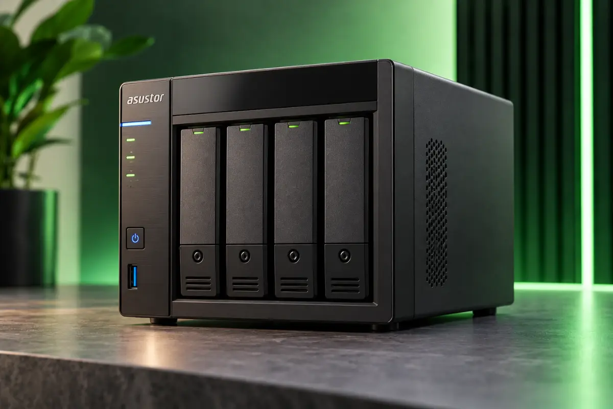 ASUSTOR Lockerstor 4 Gen2 Plus AS6704T v2 NAS in green-lit studio