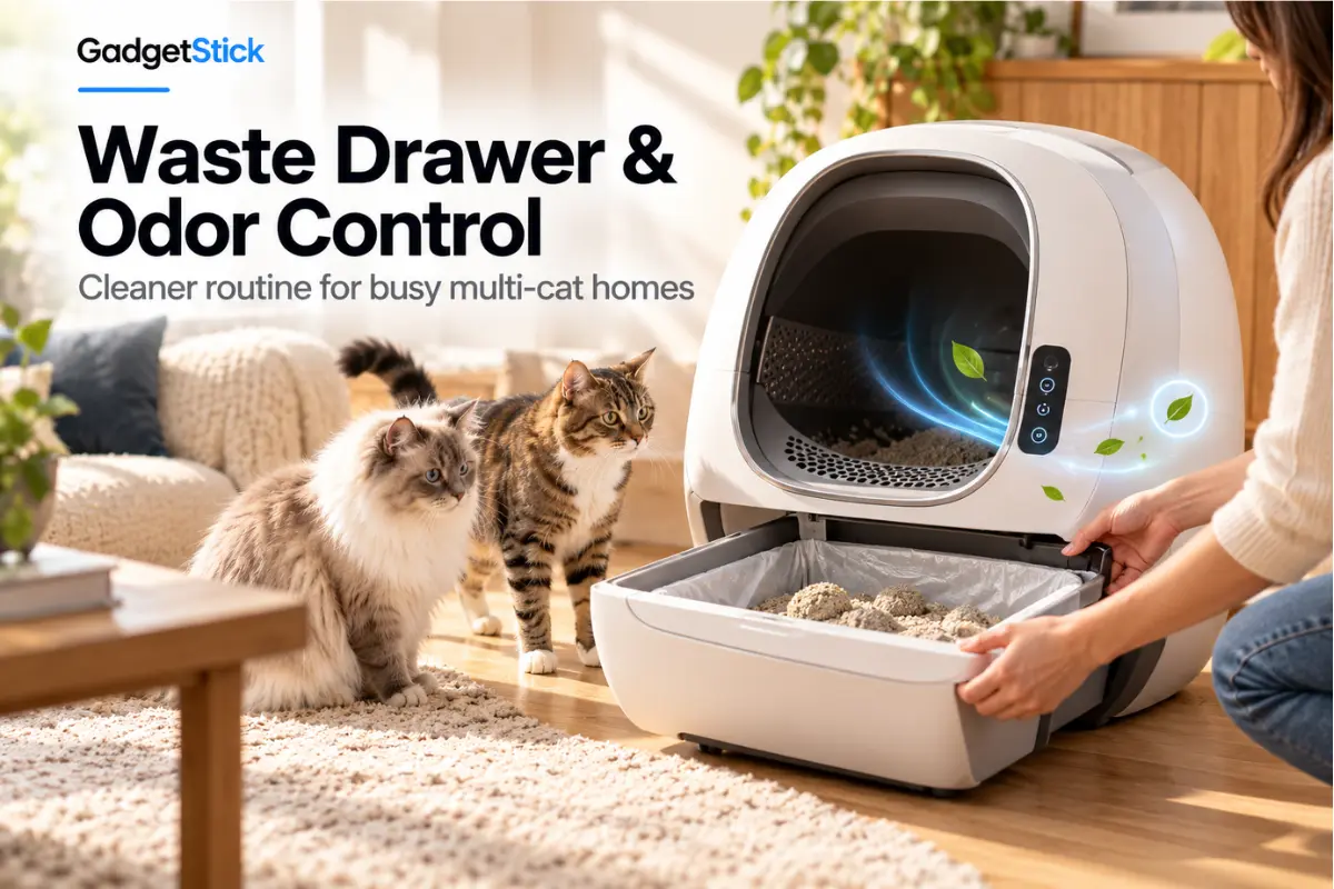 Automatic litter box waste drawer showing odor-control design for multi-cat homes