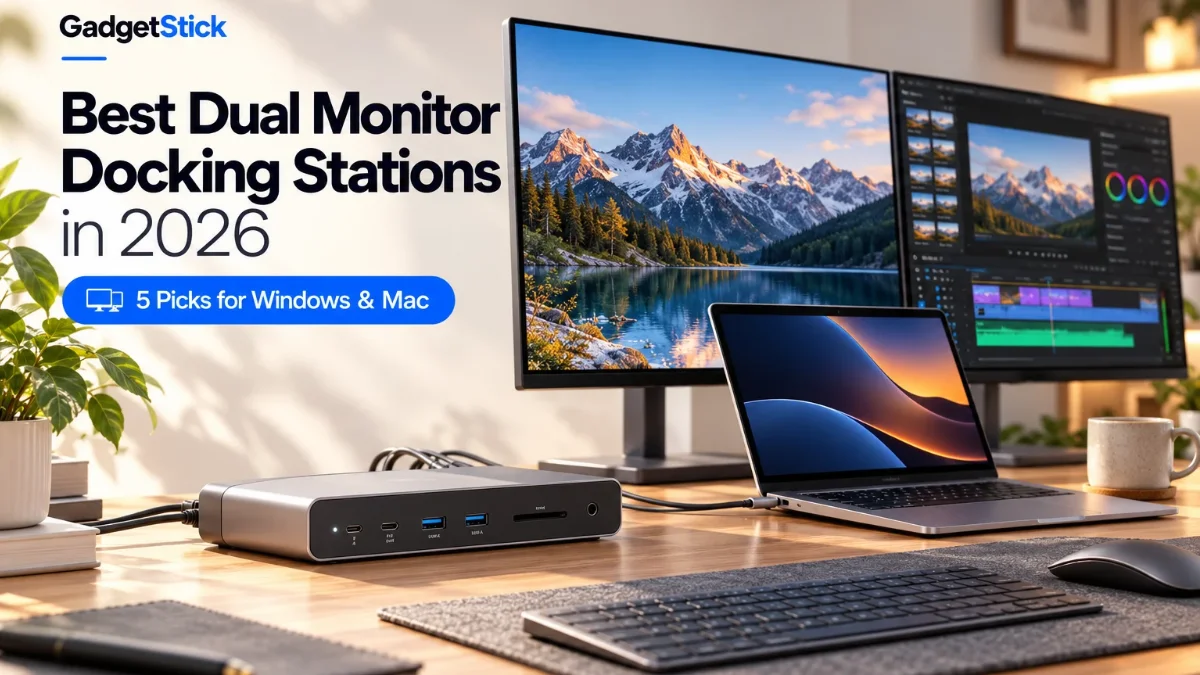 Dual monitor docking station setup with laptop, dock and two external monitors for a 2026 buying guide