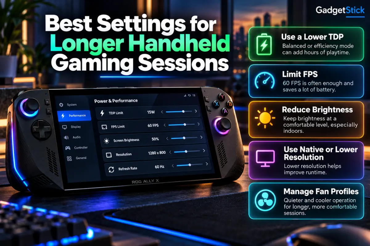 Handheld gaming PC settings for lower TDP, FPS limits, brightness and resolution to improve battery life