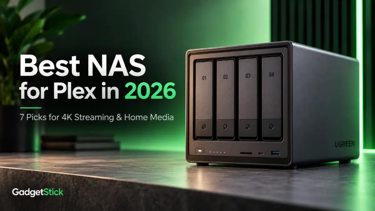 Best NAS for Plex in 2026 featured image showing a premium 4-bay NAS
