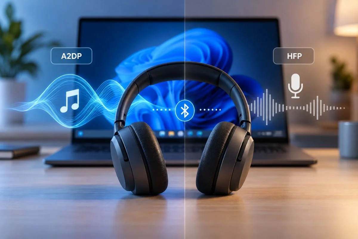 A2DP and HFP Bluetooth audio modes shown with headphones connected to Windows 11
