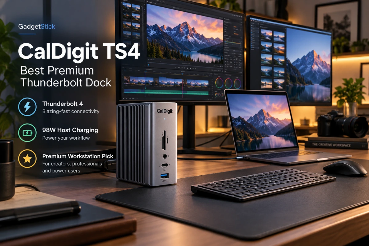 CalDigit TS4 premium Thunderbolt dock on a dual monitor professional workstation