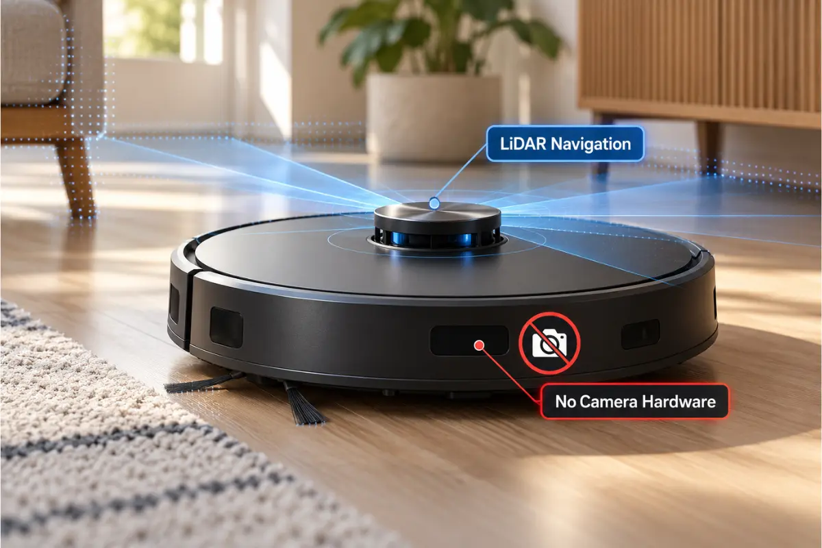 Illustration comparing camera-free robot vacuum navigation and LiDAR sensors