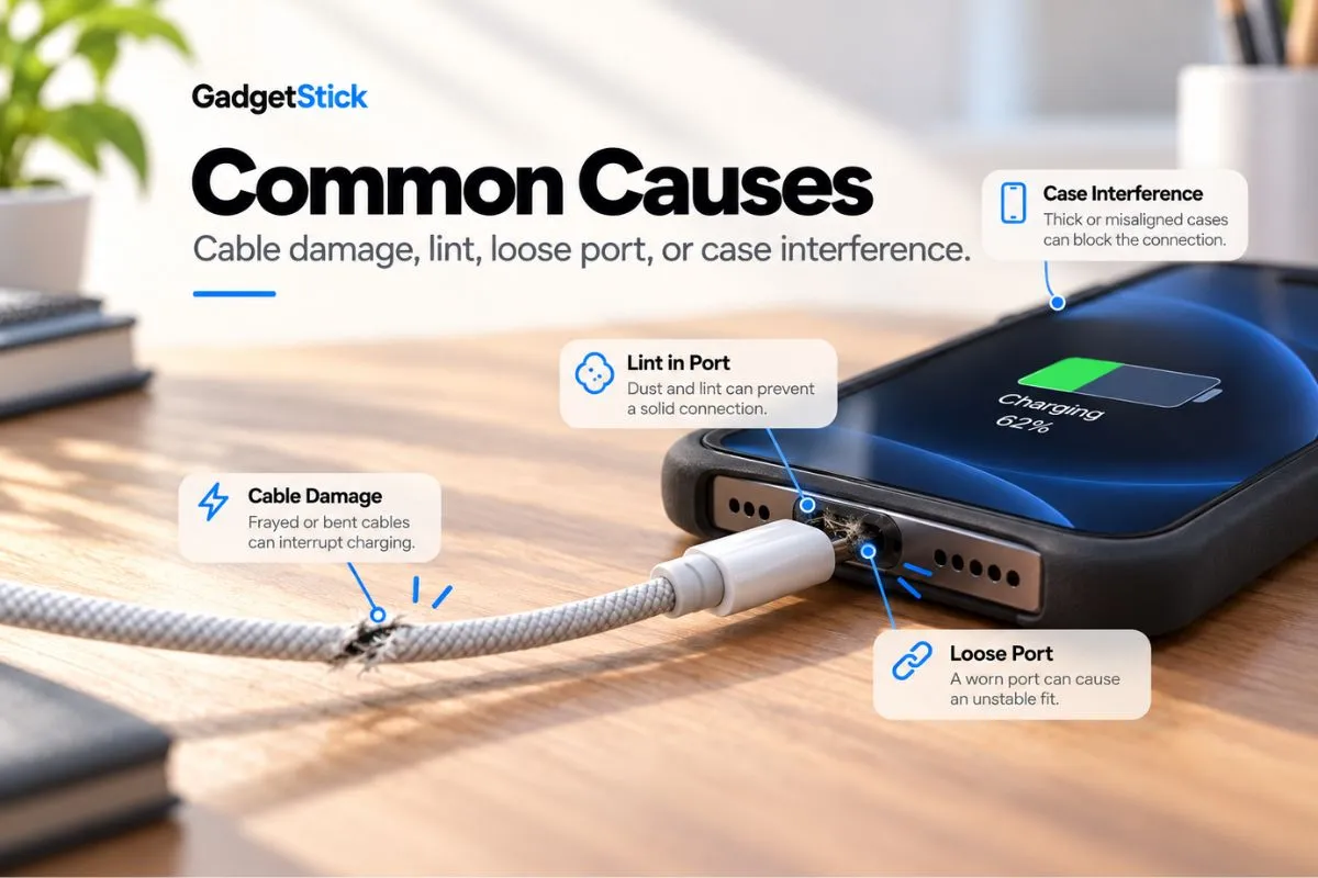 Common causes of a phone charging only at certain angles including cable damage lint loose port and case interference