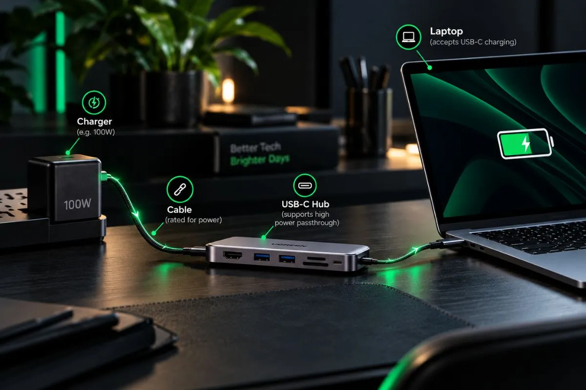 Laptop charging test comparing a direct USB-C charger connection with charging through a USB-C hub